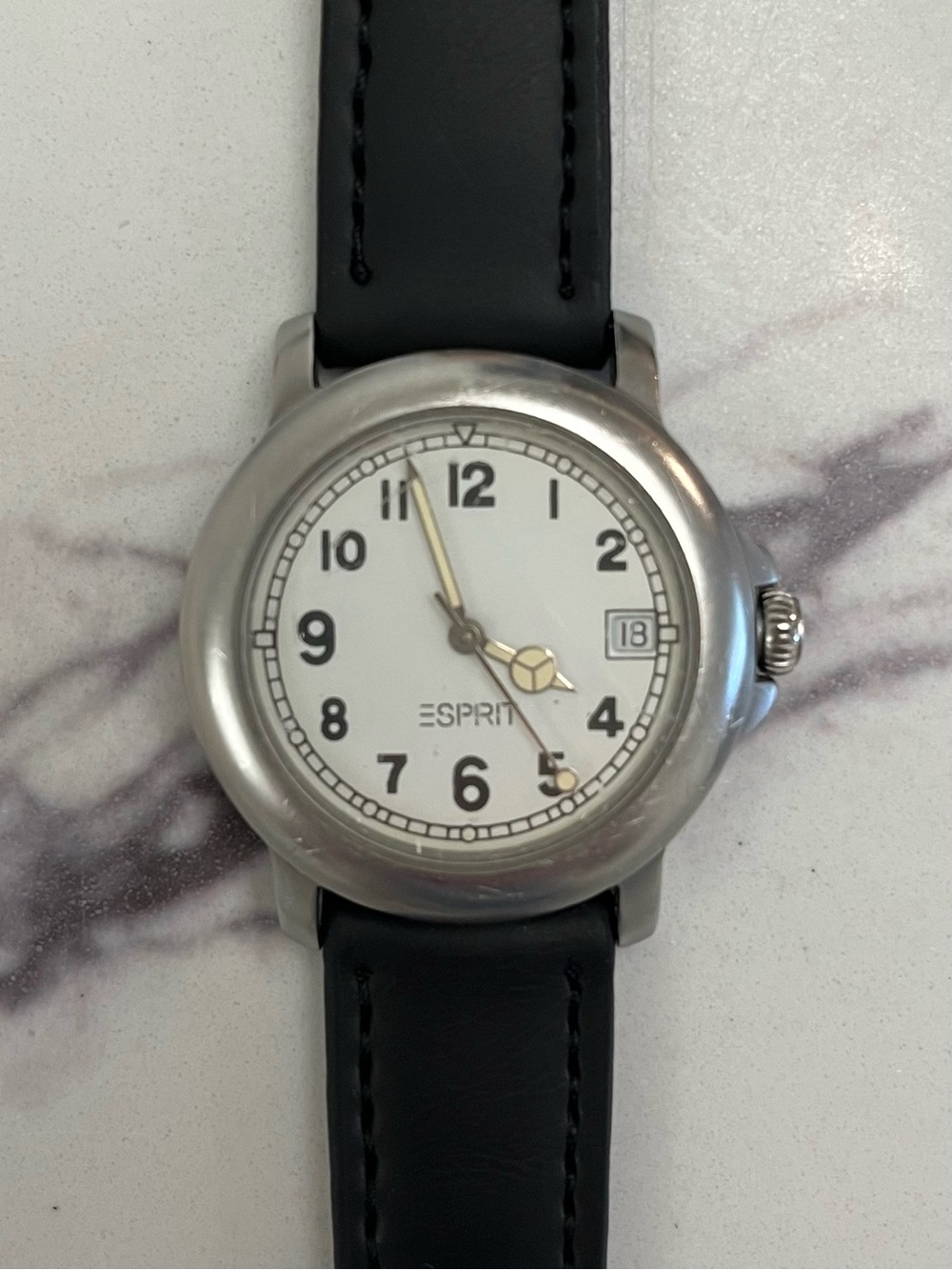 Esprit Silver Case White Dial Watch with Black Leather Strap